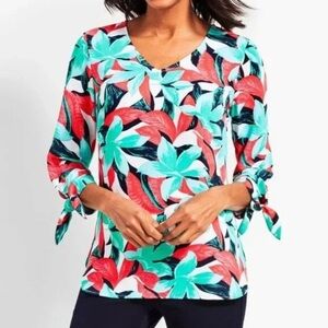 Talbots Tropical Print Top 3/4 Sleeves with Ties V-neck Size Large Petite